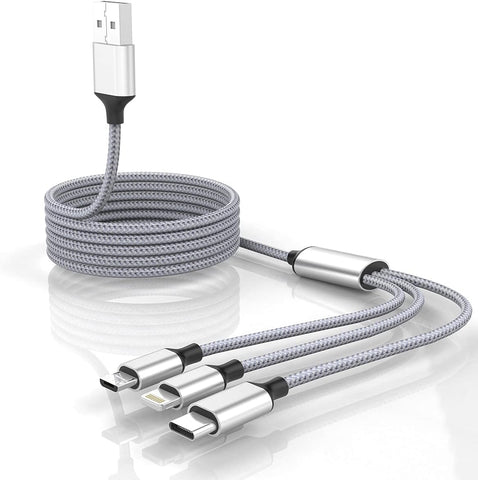 Multi 3 in 1 Universal USB Charging Cable,1.8M/5.9FT Nylon Braided Charging Cord Adapter with Lightning+Type-C+Micro USB Port Connectors for Android/iPhone/Apple/Samsung/Pad Pro/XiaoMi/Huawei(Gray)