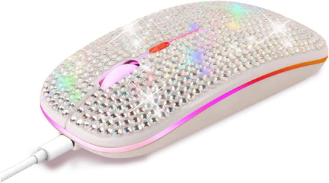 HXMJ Bling Dazzling Rechargeable 2.4GHz+5.2 Bluetooth Wireless Mouse Covered with Crystal Diamond Rhinestone,RGB Backlit,Great Gift idea for Her (Silver)