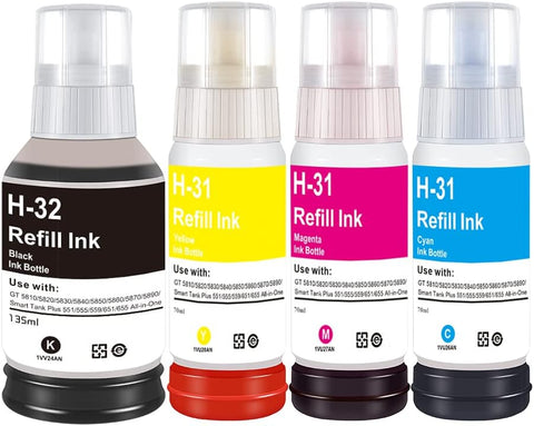 storcfe 31 32XL Compatible Ink Bottle Replacement for HP 32 XL 31 Refill Ink for HP Smart-Tank 7301 6001 7602 5101 7001 Plus 551 651 455 457 450 Printer (4-Pack, 135ML Black, 70ML CMY)