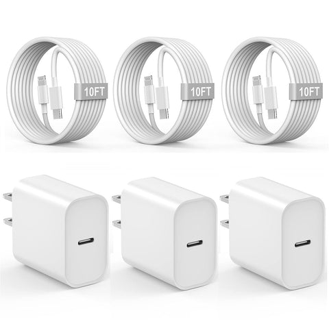 iPhone Charger 10 FT, 3 Pack [Apple MFi Certified] PD 20W USB C iPhone Charger Fast Charging Block with 10FT Long Type C to Lightning Cable Compatible for iPhone 14 13 12 11 Pro Max XS XR X 8 iPad