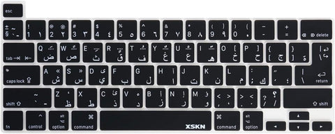 XSKN Shortcuts and Language Series Silicone Keyboard Cover Skin for New MacBook Pro 13.3 inch 16 inch with Touch Bar and Touch ID - A2251 A2289 A2338 M1 A2141 (US EU Common Version, Arabic Black)