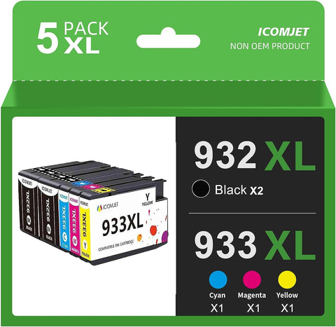 ICOMJET Compatible Ink Cartridge Replacement for HP 932XL 933XL 932 933 Ink Cartridge Used for HP Officejet 6600 6700 7610 7612 7110 6100 Printer,5 Pack (2Black,1Cyan,1Magenta,1Yellow)