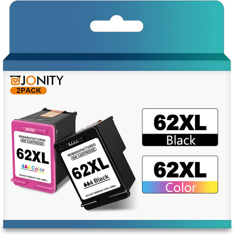 JONITY Higher Yield 62XL Ink Cartridge Replacement for HP 62 HP62XL HP62 XL Envy 5540 5640 5660 7640 7644 7645 OfficeJet 200 250 5740 5745 8040 Printer Black Color (Tricolor) Combo 2 Pack Cartridges