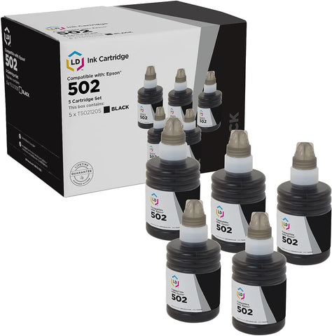 LD Products Compatible Ink Bottle Replacement for Epson 502 T502120-S (5 Pack - Black) Compatible with Epson ET Series, Epson Expression and Epson Workforce