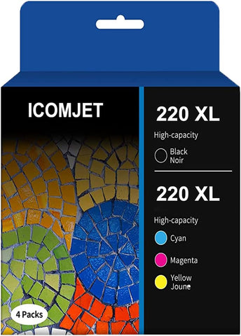 ICOMJET 220 220XL Ink Cartridges Replacement for Epson 220XL 220 T220 use with WF-2760, WF-2750, WF-2660, WF-2650, WF-2630, XP-424, XP-420 Printer (Black, Cyan, Magenta, Yellow, 4 Packs)