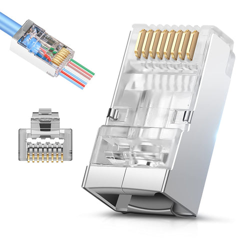 JODROAD Shielded RJ45 Cat6 Cat6A Pass Through Connectors - 3 Prong 8P8C Gold Plated Ethernet Ends for FTP/STP Network Cable & Solid Wire 50Pack