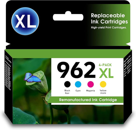 962XL 4 Pack Ink Cartridges Black & Colors. High Yield Combo Pack for HP 962XL Cartridges Works for HP OfficeJet Pro 9010, 9012, 9014, 9015, 9016, 9018, 9019, 9020, 9022, 9025, 9026, 9027, 9028, 9029