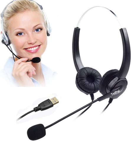 TelPal USB Computer Headset Hands Free Call Center Noise Cancelling Corded Binaural Headset Headphone with Mic Microphone, Volume Adjustable