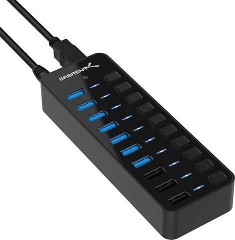 SABRENT 60W 10 Port USB 3.0 Hub Includes 3 Smart Charging Ports with Individual Power Switches and LEDs and 60W 12V/5A Power Adapter (HB-B7C3)