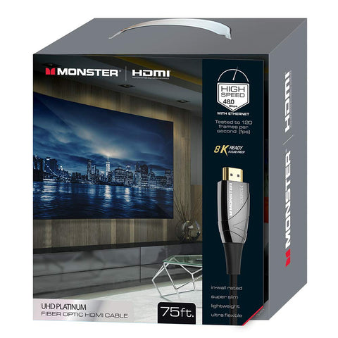 Monster 75-ft UHD Platinum Fiber Optic HDMI Cable, 4K HD Picture Quality, Rich Colors, 7.2 Surround Sound, Mono, Stereo, 5.1, DTS, Thin and Flexible, Easy Setup