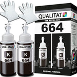 QUALITAT Epson 664 Ink Refill Bottles | Epson Ink 664 Black Refill Kit | Ink Storage Box + 2 Black Bottles + 2 Gloves | 664 Ink EcoTank Expression ET-2650, ET-2550 Black Ink, ET-2600, L355, L565