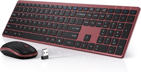 Wireless Keyboard and Mouse, Ultra Slim Silent Keyboard with Responsive & Low Profile Keys, Tilt Angle, Sleep Mode, 2.4GHz USB Cordless Mouse Combo for Computer, PC, Chromebook - Trueque (Wine Red)