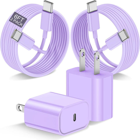 iPad Pro USB-C Fast Charger, 20W Fast Charging for iPad Pro 12.9, 11 inch 3th 2021, iPad Air 5th 2022/ 4th 2020, iPad Mini 6 Generation 2021, with 6.6FT 60W USB C to C Cable - Purple?2Pack?