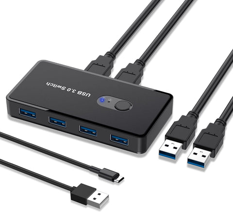 JESWO USB 3.0 Switch Selector KVM Switcher 2 Computers Sharing 4 USB Devices USB Hub Switch for Keyboard Mouse Scanner Printer with One-Button Swapping and 2 Pack USB Male Cable
