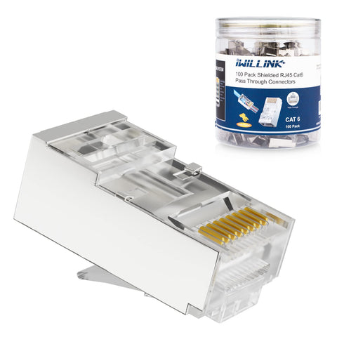 iwillink 100 Pack Shielded RJ45 Cat6 Pass Through Connectors, Ethernet Cable Crimp Connectors STP Network 3 Prong 8P8C 50U Gold Plated Modular Plug for Solid Wire and Standard Cable