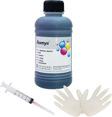 Aomya Black Ink Refill Kit 250ml Universal Dye Bulk Ink for Canon HP Epsn Brother Inkjet Printers Refillable Cartridge CISS CIS System (9 oz) with Syringe&Glove