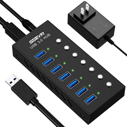 SGEYR Powered USB Hub, Aluminum USB 3.0 Data Hub Splitter 7 Ports with USB Charging Ports and Individual On/Off Switches with 12/2A(24W) Power Adapter for Laptop,HD Webcam,Printer HDD and Disk