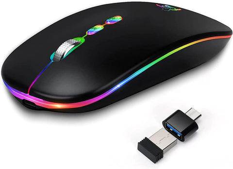 HOTLIFE LED Wireless Mouse, Slim Rechargeable Silent Portable USB Optical 2.4G Wireless Bluetooth Two Mode Computer Mice with USB Receiver and Type C Adapter (Black)