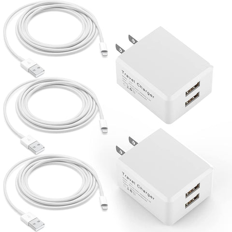 Qntry iPhone Charger, [Apple MFi Certified] Lightning Cable 6FT(3PACK) with Dual Port USB Wall Charger Travel Adapter Compatible with iPhone 12/12 Pro/11/11Pro/XS/Max/XR/X/8/8Plus,iPad