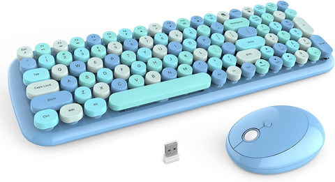 Wireless Keyboard and Mouse Combo, 2.4G Retro Typewriter Wireless Keyboard with Number Pad and Cute Ambidextrous Wireless Mouse for Computer Laptop Desktop PC(Blue Colorful)