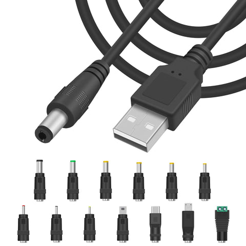 Duttek USB to 5v DC Cable 5FT / 1.5M, USB 2.0 to DC 5.5x2.1mm Plug Charging Cable, Support 3A Current With13 Connectors for Router, Mini Fan, Camera, Phone and More Electronics Devices(13Connectors)