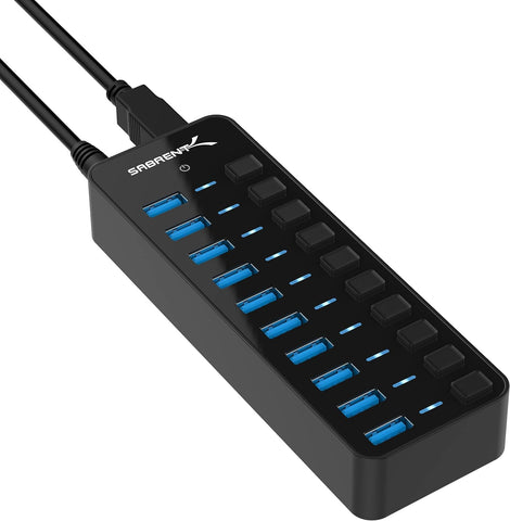 SABRENT 10 Port 60W USB 3.0 Hub with Individual Power Switches and LEDs Includes 60W 12V/5A Power Adapter (HB-BU10)