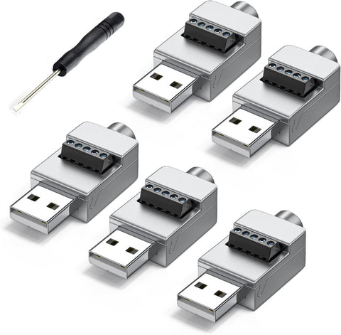 JUXINICE 5Pack USB 2.0 Male Adapter Metal case No Welding Required USB Breakout Board Connector. USB Bolt Screw terminals Adapter Converter (5Pack Male Metal Shell)