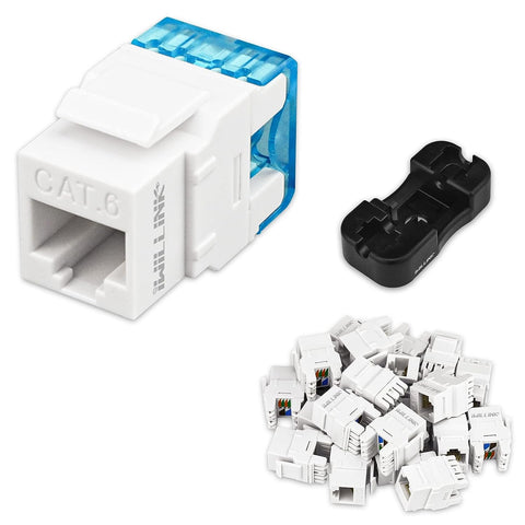 iwillink Cat6 RJ45 Keystone Jack 25-Pack and Keystone Punch-Down Stand, 180 Degree Ethernet Wall Jack Punch Down, Cat6/Cat5e/Cat5 Keystone Module Connector, White