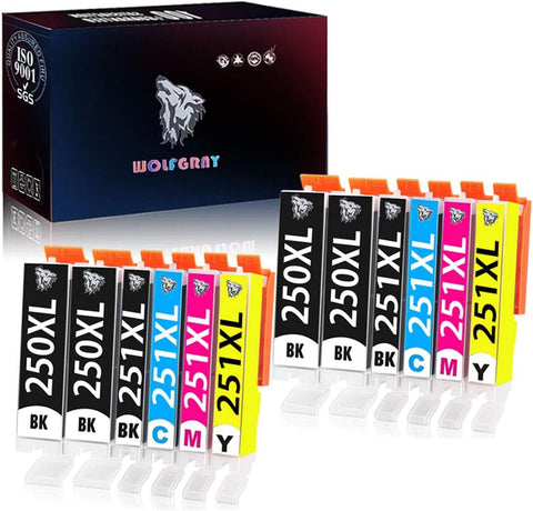 Wolfgray 12 Packs Compatible Ink Cartridge PGI-250XL CLI-251XL 250xl 251xl (4Large BK+2BK+2C+2M+2Y) Works for PIXMA MX922 MG5522 MG5620 MG6620 MG6600 MX920 iX6820 iP7220 Printer