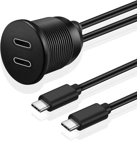 TNP USB C 3.0 Flush Mount Cable, Dual USB Extension Cable 3ft 1M for Car Dashboard with Dash Panel Mount, 2 Port Type C Male to Female Socket Connector Adapter Cord for Boat Marine Motorcycle Vehicle