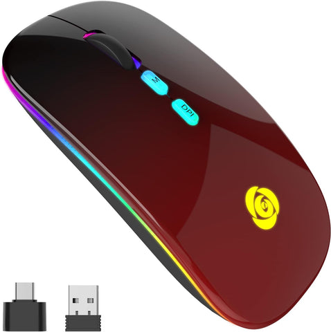 CC Store LED Wireless Mouse, Bluetooth Mouse &2.4GHz Instant Connection,Rechargeable Ultra Silent Slim,3 DPI 2 Connection Modes with USB-C to USB Adapter for Laptop/MacBook/PC/Tablet/iPad (Black-red)