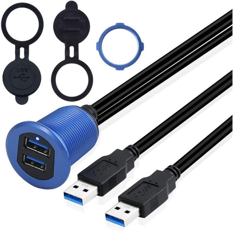 Kework Metal Dual USB 3.0 Ports Mount with Light, 3.3ft 2 Ports USB Male to 2 Ports Female Flush Mount Panel Mount Extension AUX Cable for Car Truck Boat Motorcycle Dashboard (Blue & 3.3ft)