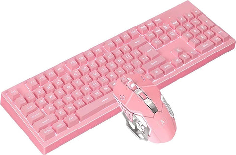 Pink Keyboard and Mouse Combo,2.4GHz Wireless Rechargeable White Backlit Keyboard and 2400DPI Optical Gaming Mouse Set for Gamer Notebook PC (Pink-Square Keycap)