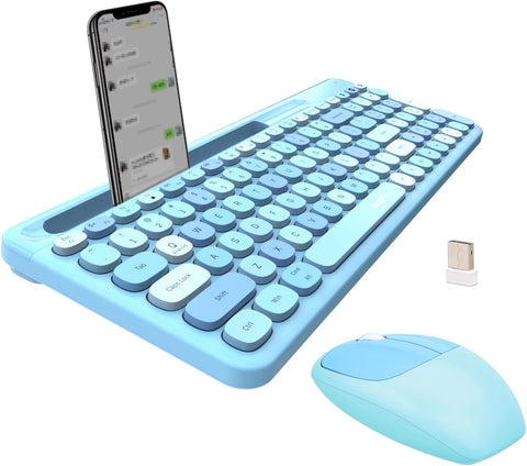 Wireless Keyboard and Mouse Combo - 2.4GHz Full-Sized - Computer Keyboard with Phone Holder - Keyboard and Mouse Set for Windows/Laptop/PC/Notebook - Blue Colorful