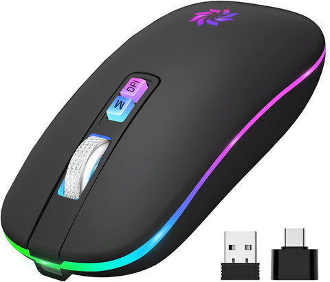 KBCASE LED Wireless Mouse Silent Bluetooth Mouse 2.4G Rechargeable Wireless Computer Mouse Bluetooth Wireless Mouse for Laptop, MacBook, iPad, Chromebook, with USB & Type-c Receiver