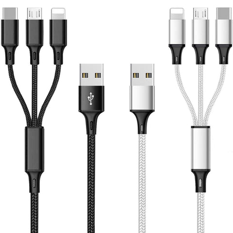 Multi USB Charging Cable 3A, 3 in 1 Fast Charger Cord Connector with Dual Phone/Type C/Micro USB Port Adapter, Compatible with Tablets Phone 12 11 Pro 8 7 6 Samsung Galaxy (4FT/2Pack)
