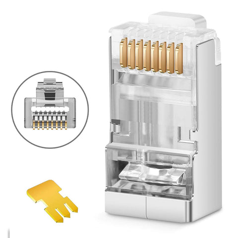 JODROAD Shielded RJ45 CAT5 CAT6 Pass Through Connectors - Pass Through Modular Plugs Gold Plated 3 Prong 8P8C Ethernet Ends for Solid Wire and Stranded Cable(50pcs)