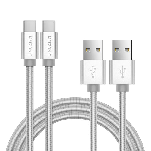 METZONIC USB A to Type C Metal Braided Fast Charge Cable, with Insulation Coated Steel [2 Pack, 6.6 Feet], Fast Charge Data Sync and Transfer Cord (Silver)