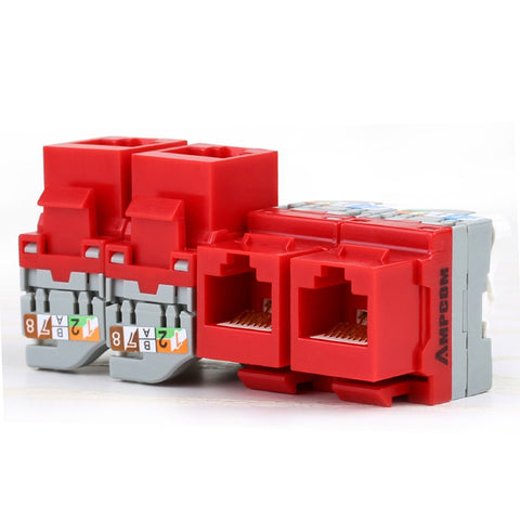 AMPCOM 10-Pack CAT5e RJ45 Tool-Less Keystone Jack, No Punch Down Tool Required UTP Module Connector Red