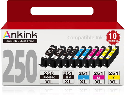 Ankink High Capacity Compatible Canon PGI-250XL CLI-251XL Ink Cartridge Fit PIXMA MX922 MX920 MG5520 MG5420 MG7520 IX6820 Series Printer 250 XL PGBK 251 XL (Black Cyan Magenta Yellow) 10 Pack Combo