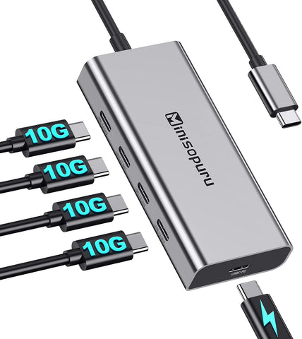 Minisopuru USB C Hub – USB C Hub Multiport Adapter 10Gbps for Laptop, USB C Hub Power Delivery with 100W PD (Not Support Video), USB C to USB C Hub, USB Type C Hub for MacBook Air/Pro, iMac, etc.