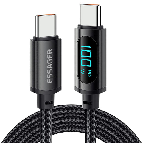 ESSAGER 100W USBC to USB C Charging Cable with Display, 5A 20V Type-c to Type-c Charging Cable Support Data Transform (Black-2M)