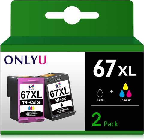 ONLYU 67 Ink Cartridge Black/Color Combo Pack for HP 67XL Printer Ink for HP Envy 6000 6055e Ink Cartridge Deskjet 2755e 2700 2752 Deskjet 4100 4155e 4152 Envy Pro 6455 6458 (1 Black, 1 Tri-Color)