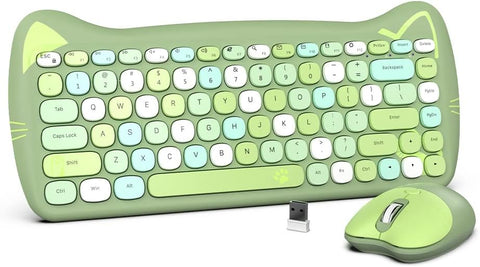 NACODEX Colorful Green Wireless Keyboard Mouse Combos, Portable 84 Key Round Key Cute Cat Ears Office Thin Keyboard, 2.4GHz Silent Click Mouse with 3 Adjustable DPI for Windows Laptop PC Notebook