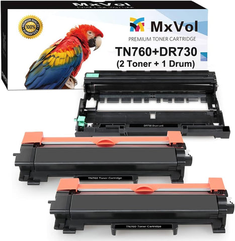 MxVol Compatible Toner Cartridge and Drum Unit Replacement for Brother TN760 DR730 DR 730 use for HL-L2350DW MFC-L2750DW HL-L2395DW Printer (2 Toners+1 Drum, 3-Pack)