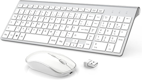 Rechargeable Wireless Keyboard Mouse Combo- J JOYACCESS Ultra Slim Compact Full Size White Keyboard and Mouse,2.4G Quiet Wireless Keyboard and Mouse for iMac?Mac,Laptop,Desktop,PC,Computer,Windows