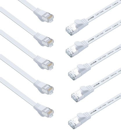 JAVEX [6 Inches, 10-Pack] Flexible CAT6A/CAT7 RJ45 [S/STP, 10GB, 600Mhz] Flat Cord Network Ethernet Patch Cable RJ45, White