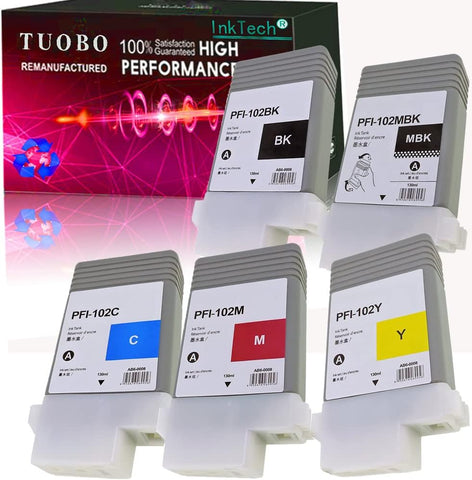 Tuobo PFI102 Compatible Ink Cartridge Replacement for Canon PFI-102 (130ml,MBK, BK, C, M, Y, 5-Pack) - iPF500, iPF510, iPF600, iPF605, iPF610, iPF700, iPF710, iPF720 Printers