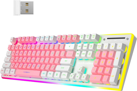 MageGee Wireless Gaming Keyboard, Rechargeable RGB LED Backlit Quiet Keyboard with Sidelight & Metal Panel, V510 2.4G Wireless Ergonomic Waterproof Office Keyboard, White and Pink