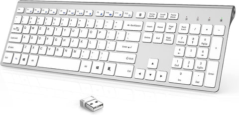 J JOYACCESS Wireless Keyboard, 2.4G Rechargeable Ultra Slim Full Size Silent Wireless Computer Keyboard with Numeric Keypad for Laptop/Computer/Desktop/PC/Windows - Silver White